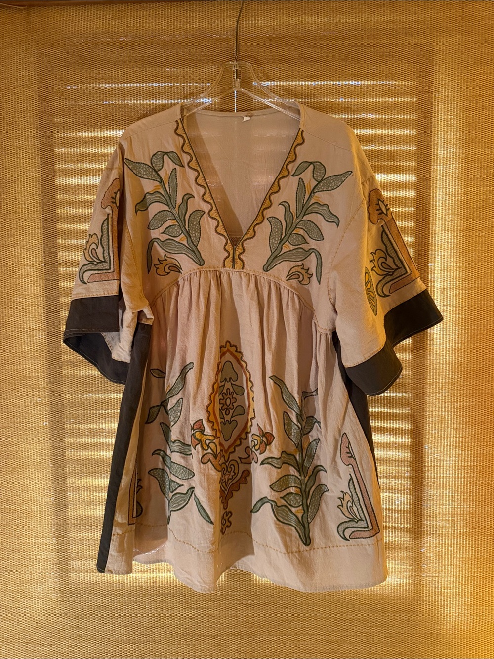 Embroidered Boho V-Neck Tunic in Cream & Green